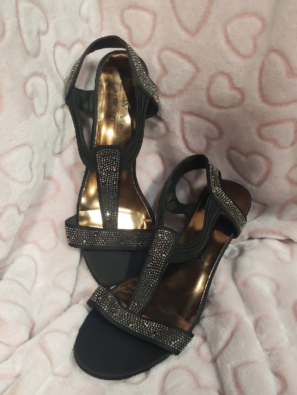 New York Transit Black T-Strap Rhinestone Sandals